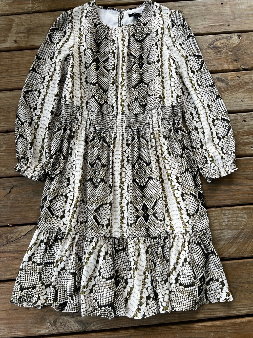 J.Crew Glendale Snake Print Smocked Waist Ruffle Dress